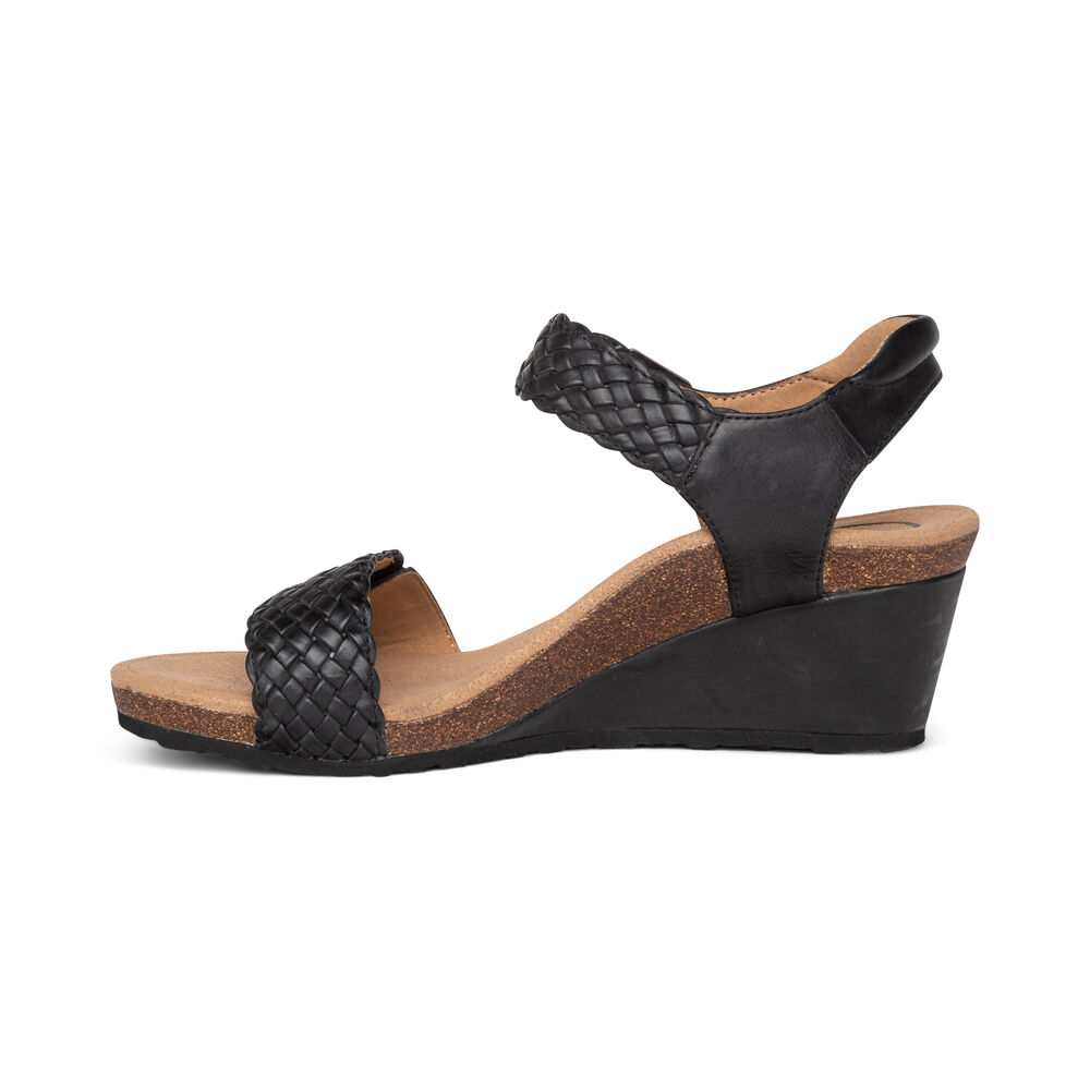 Aetrex Women's Grace Adjustable Woven Wedge Sandals - Black | USA WSHMHPA